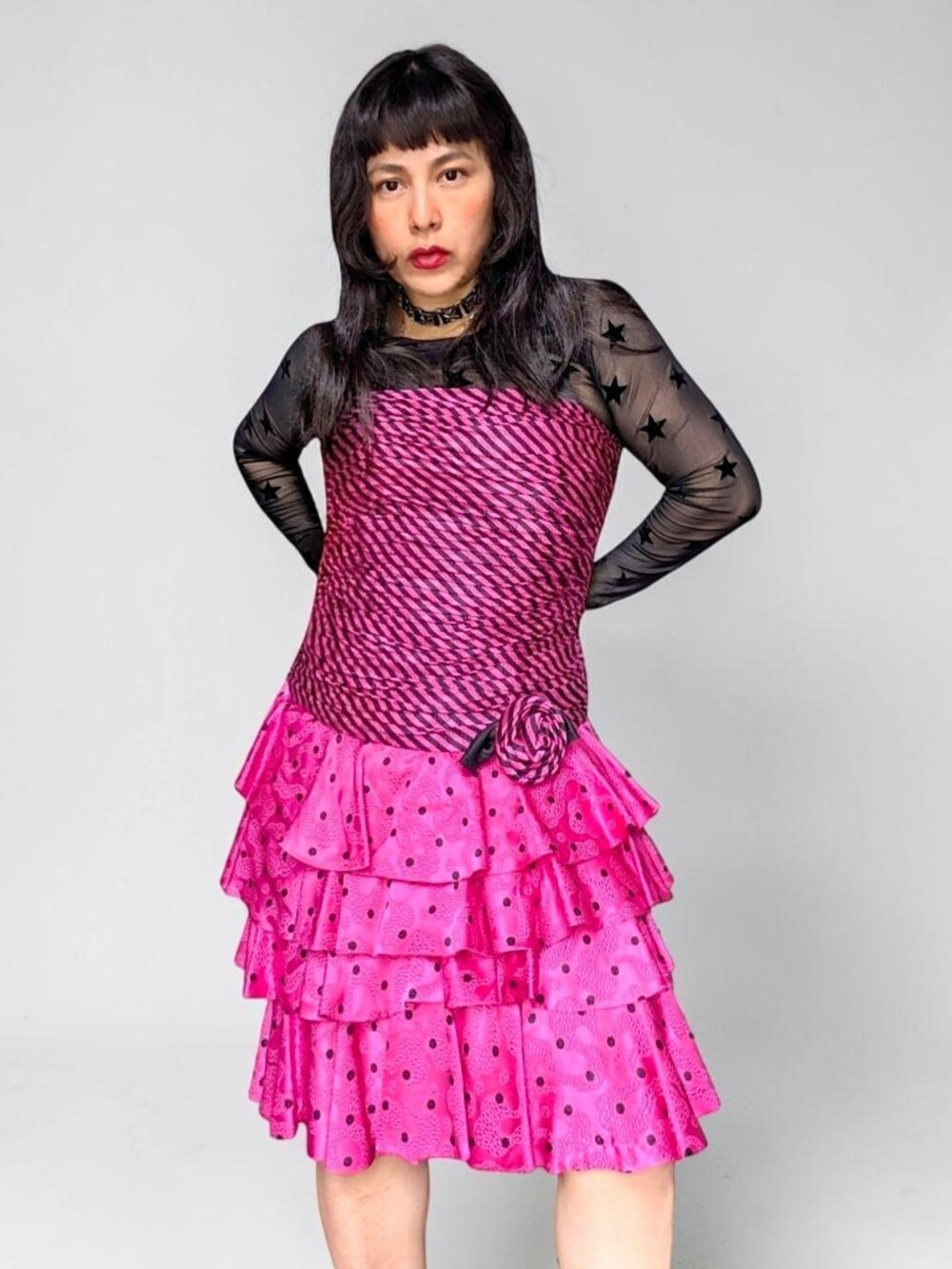 A.J. Bari VTG 80's silk pink polka dots zebra whimsy goth ruffle corset dress 8